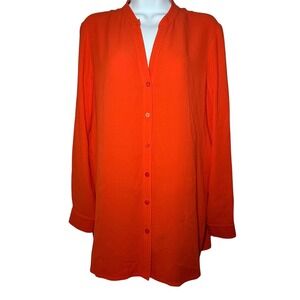 Eileen Fisher Silk Crepe Button Front Tunic Top Orange Long Sleeve Womens XS